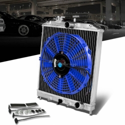 DNA hliníkový závodní chladič 42mm s větrákem - Honda Civic / Del Sol / Integra (92 - 01), větrák modrý, 305mm