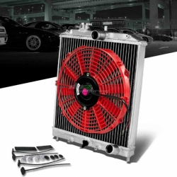 DNA hliníkový závodní chladič 42mm s větrákem - Honda Civic / Del Sol / Integra (92 - 01), větrák červený, 305mm