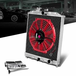 DNA hliníkový závodní chladič 42mm s větrákem - Honda Civic / Del Sol / Integra (92 - 01), větrák červený, 255mm